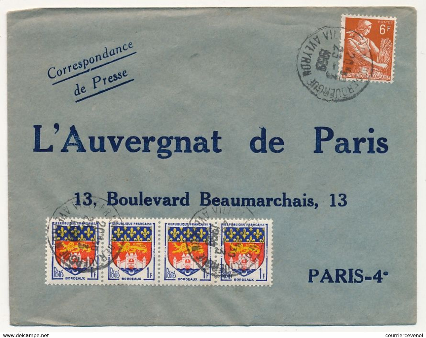 FRANCE - Env Hors Sac Affr. Composé 6F Moissonneuse + 1F Bordeaux X4, Obl Villefranche De Rouergue Aveyron 1959 - Lettres & Documents
