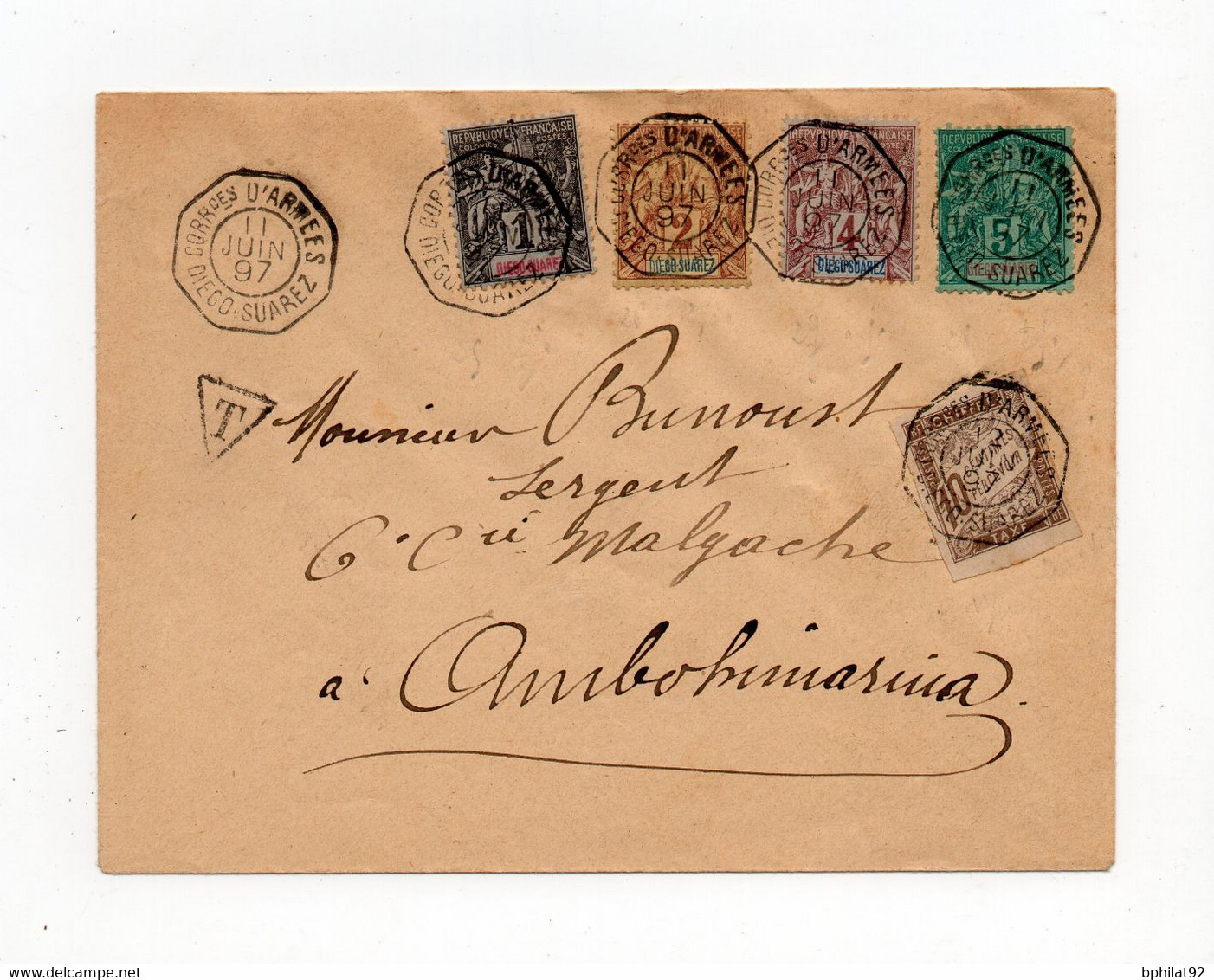 !!! CACHET CORRESP D'ARMEE DIEGO SUAREZ DE 1897 SUR LETTRE POUR AMBOHIMARINA TAXEE - Lettres & Documents