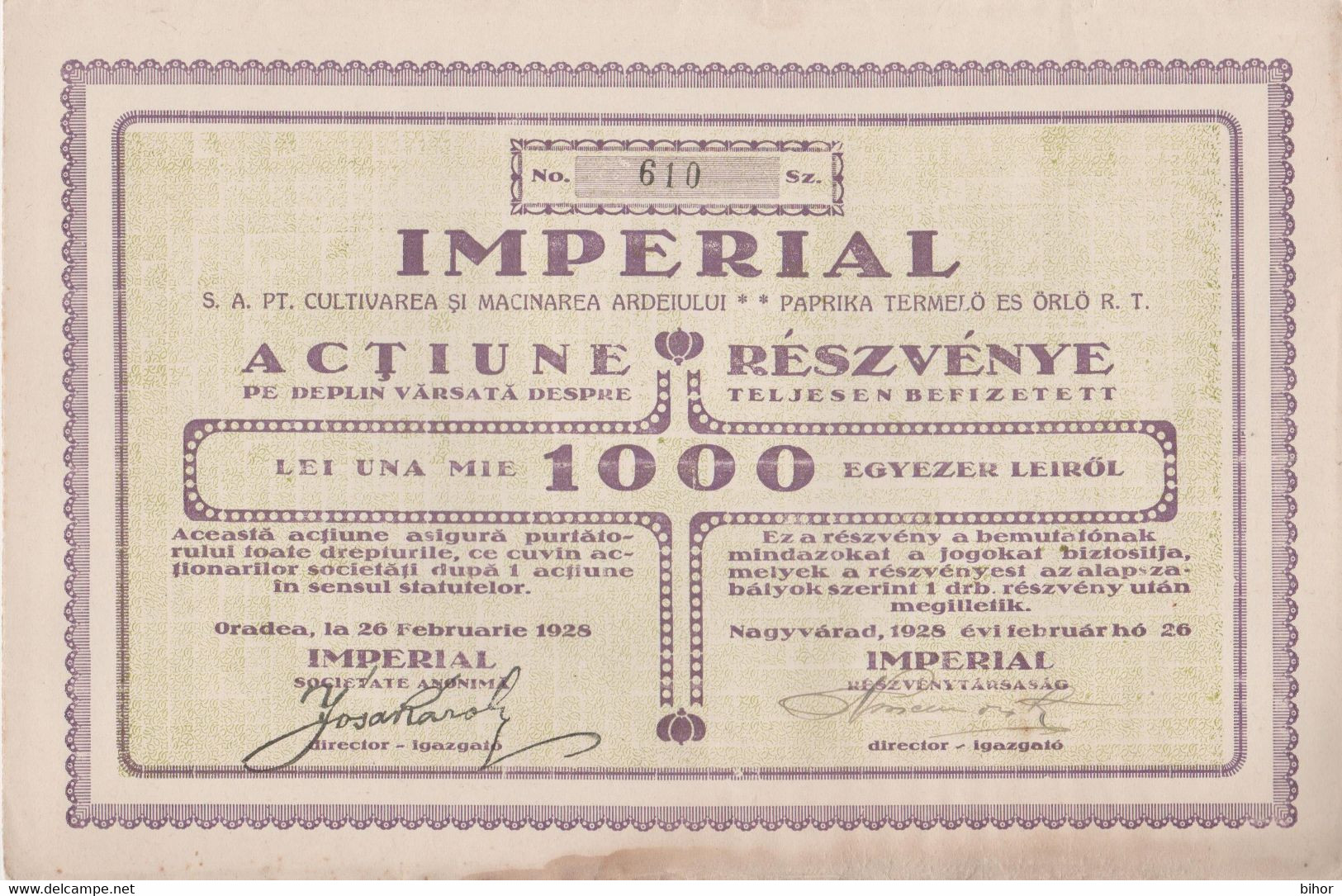 Romania - Oradea / Nagyvarad: Imperial Actiune / Reszvenye (1928) - Agriculture