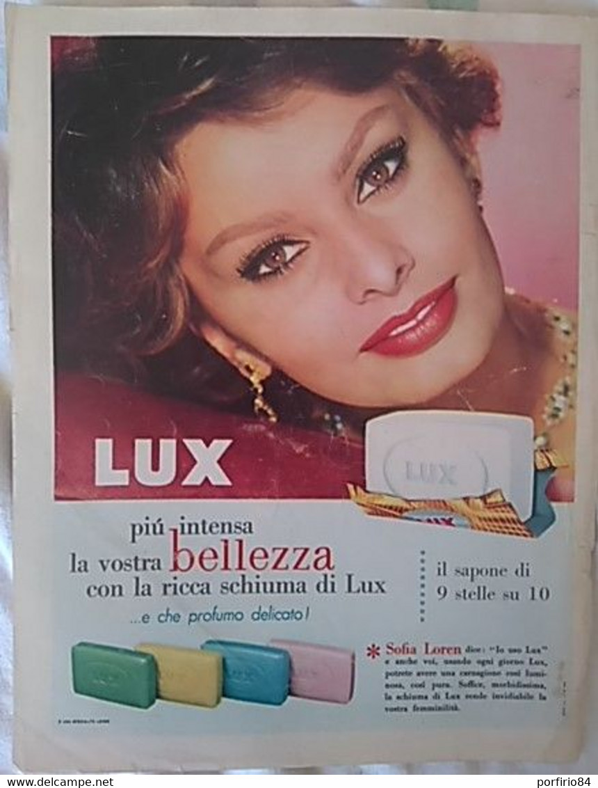 PUBBLICITA' ADVERTISING SOFIA LOREN SAPONE LUX FOGLIO PUBBLICITARIO RITAGLIO DA GIORNALE DEGLI ANNI '60 - Afiches