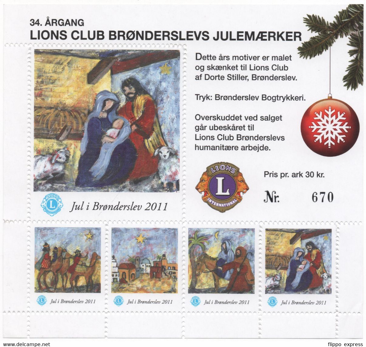 Denmark, 2011, Julemaerker Lions Club Bronderslev, Mint Sheet. - Feuilles Complètes Et Multiples