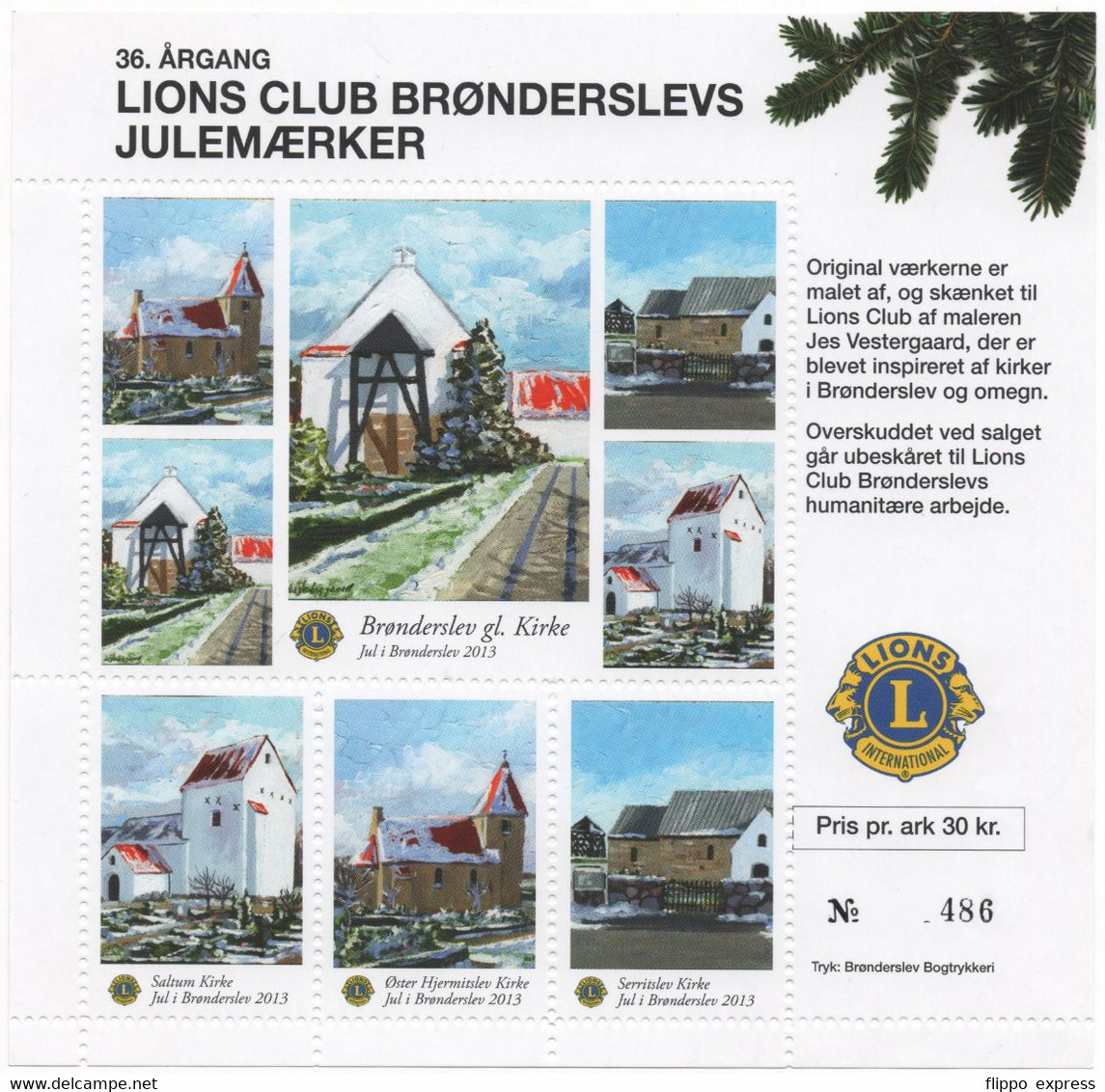 Denmark, 2013, Julemaerker Lions Club Bronderslev, Mint Sheet. - Fogli Completi