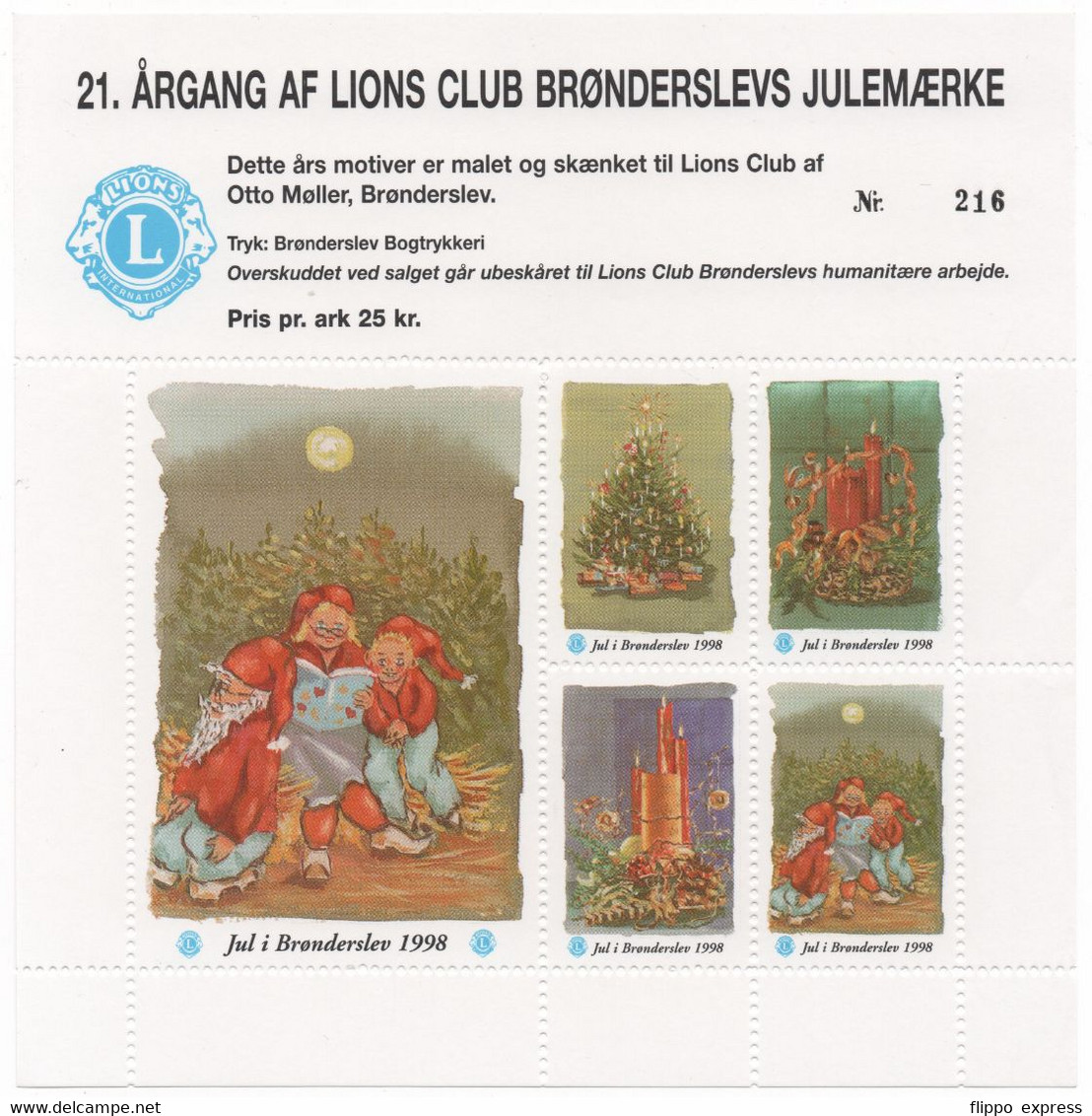 Denmark, 1998, Julemaerker Lions Club Bronderslev, Mint Sheet. - Feuilles Complètes Et Multiples