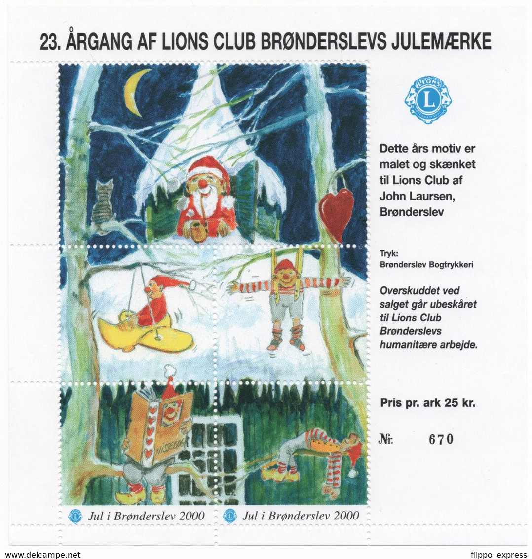 Denmark, 2000, Julemaerker Lions Club Bronderslev, Mint Sheet. - Feuilles Complètes Et Multiples