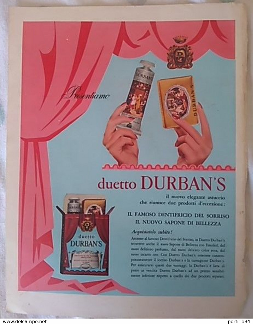 PUBBLICITA' ADVERTISING DURBANS FOGLIO PUBBLICITARIO RITAGLIO DA GIORNALE DEGLI ANNI 50 - Posters