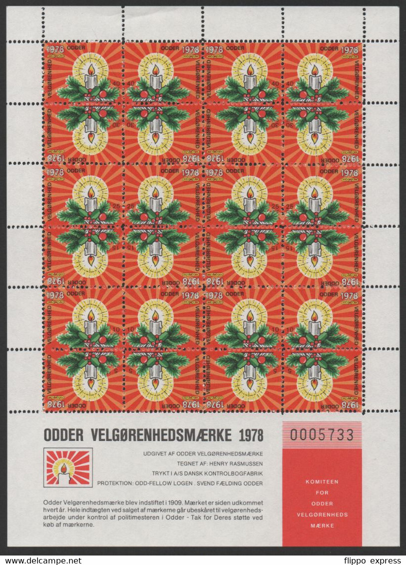 Denmark, Odder 1978 Velgorenhedsmaerke, Mint Sheet Of 24 Stamps, Unfolded. - Fogli Completi