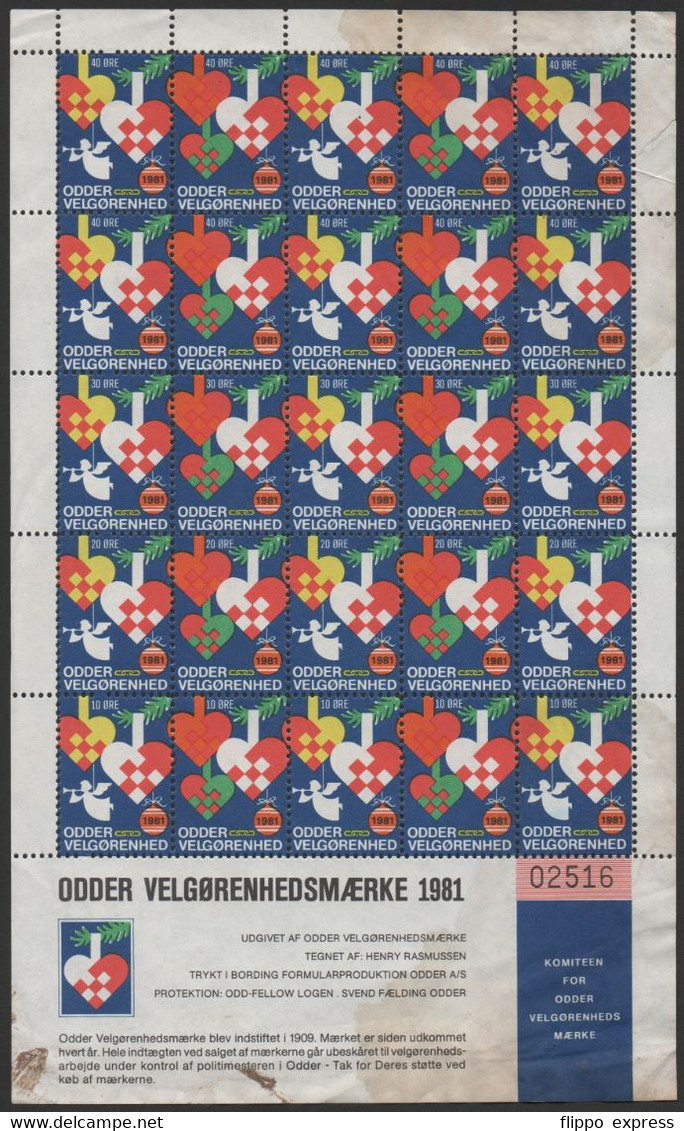 Denmark, Odder 1981 Velgorenhedsmaerke, Mint Sheet Of 25 Stamps, Unfolded. - Ganze Bögen