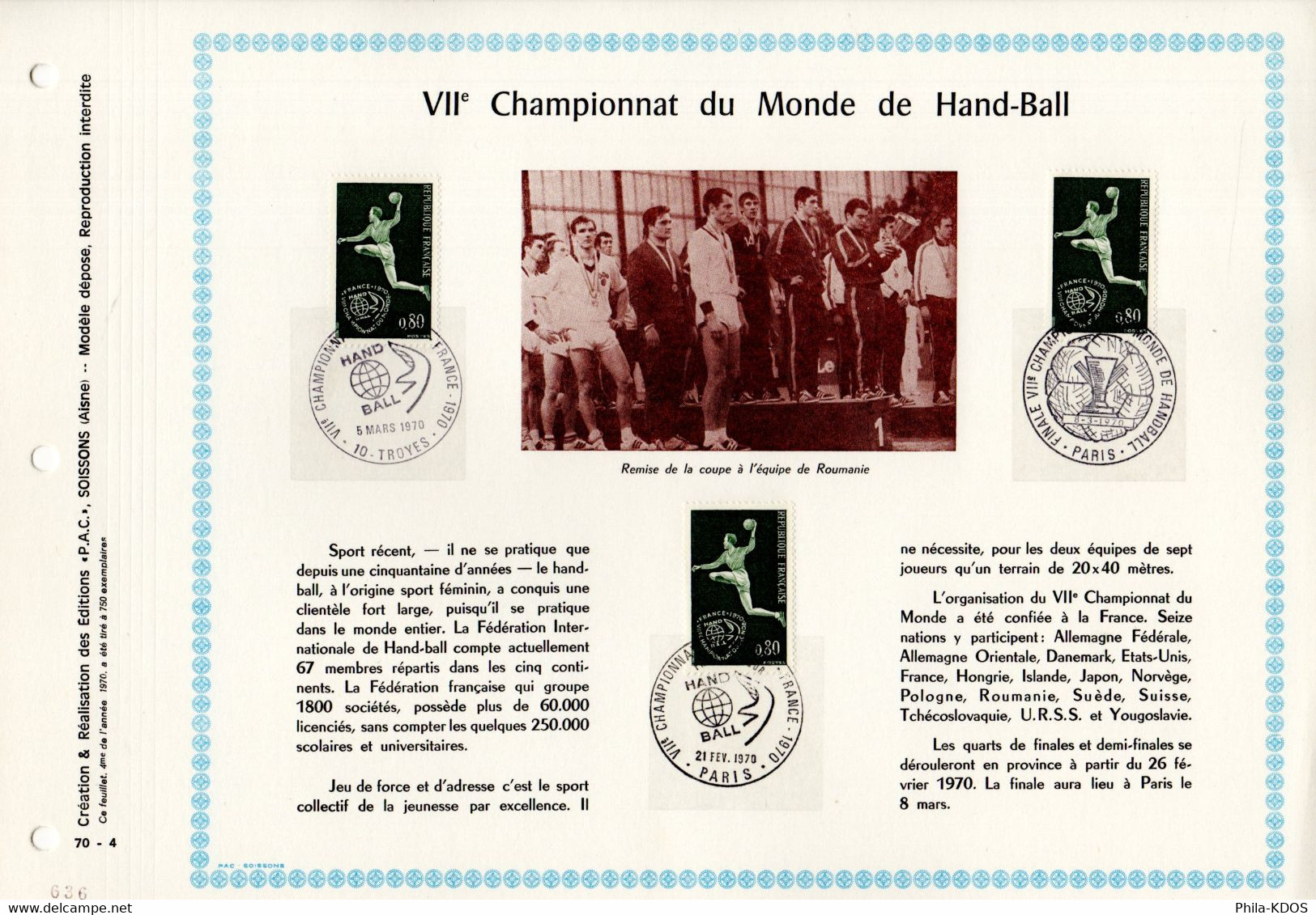 RRR 750 Ex. " CHAMPIONNATS DU MONDE DE HAND-BALL " Sur Feuillet PAC N°té RARE De 1970 3 N°YT 1629 Parf état RRR - Handball