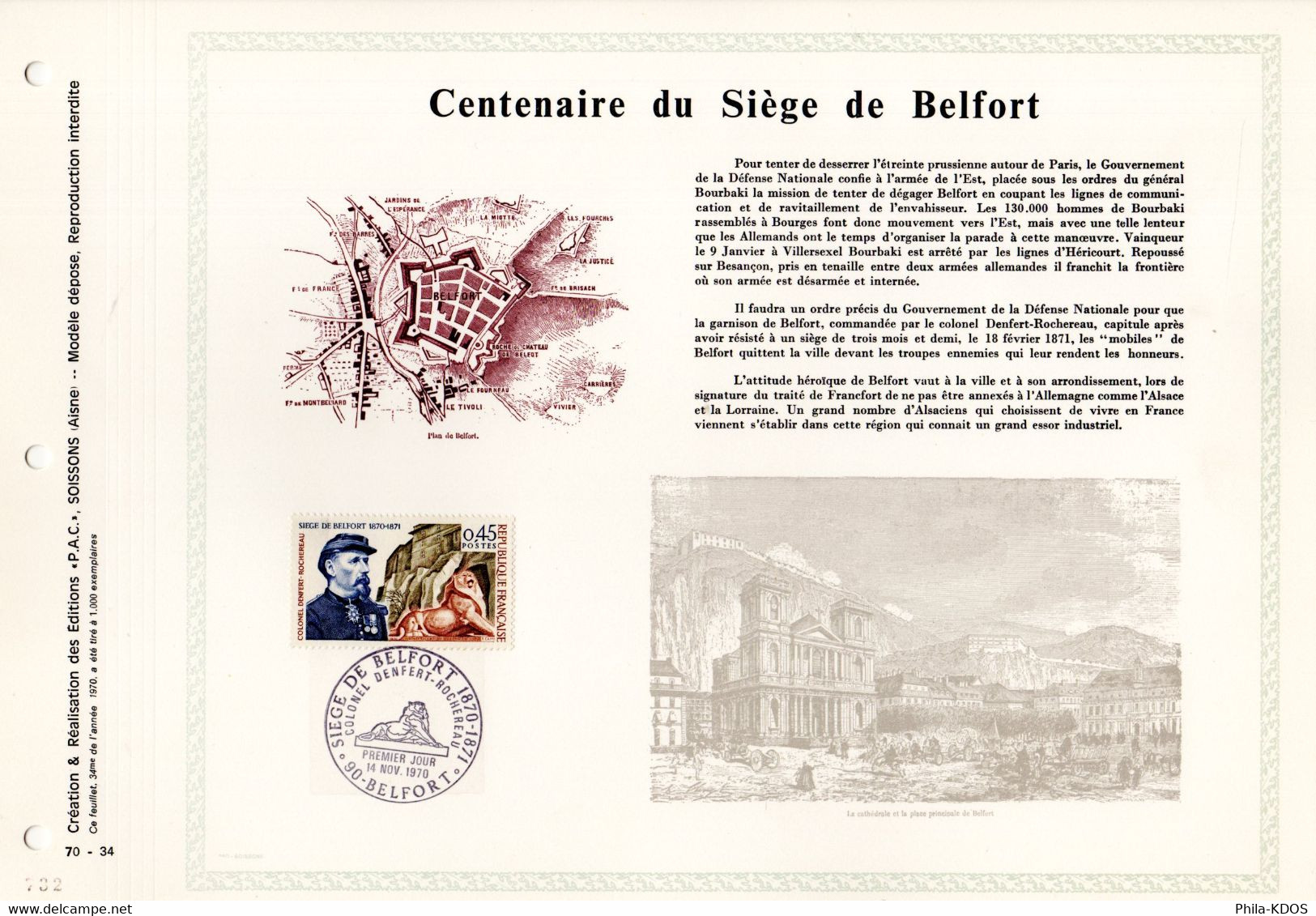 RRR 1000 Ex." 100 ANS DU SIEGE DE BELFORT " Sur Feuillet PAC N°té RARE De 1970 N° YT 1660 Parf état RR - Militares