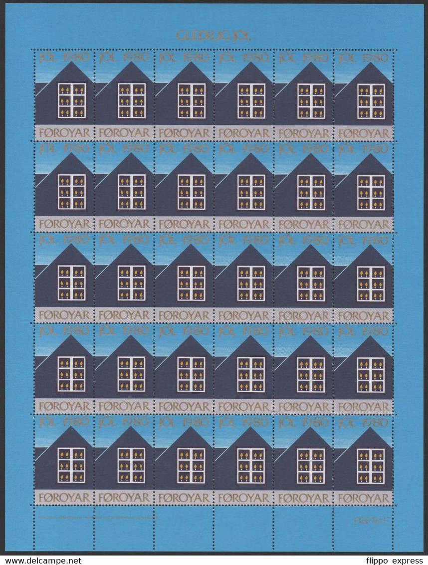 Denmark, Faroe 1980 Julemaerke, Mint Sheet Of 30 Stamps, Unfolded. - Feuilles Complètes Et Multiples