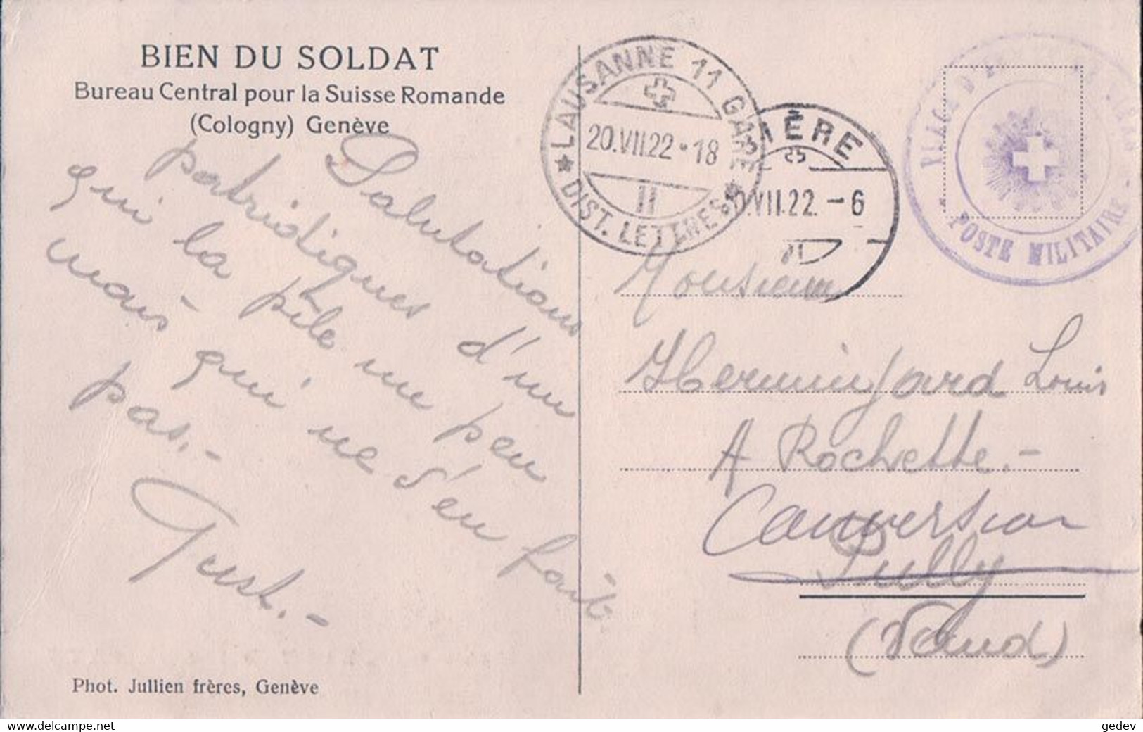 Plonjon Cologny GE, Bureaux Du Bien Du Soldat (20.7.1922) - Cologny