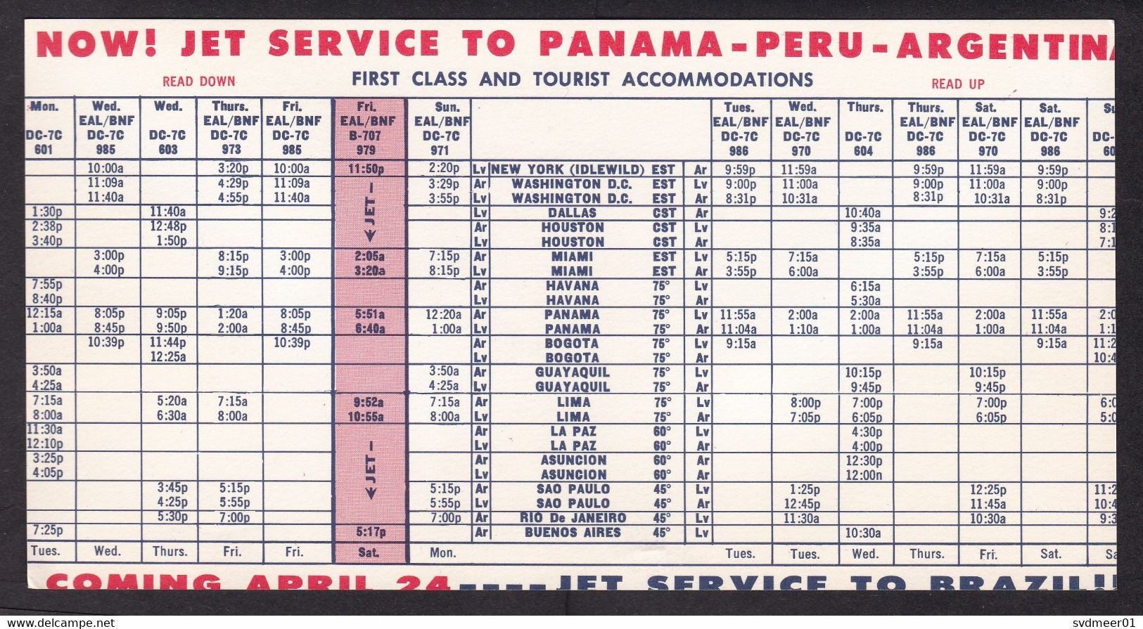 Advertorial Card With Timetable, Braniff Jet Service, South America, Avation, Origin & Date Unknown (damaged, See Scan) - Advertisements