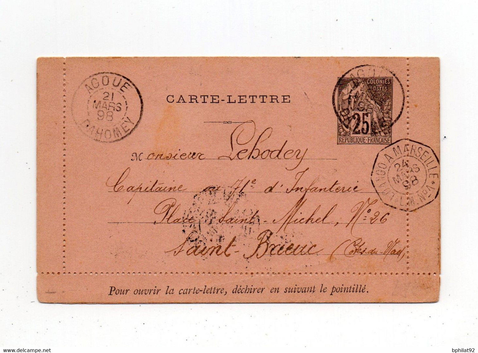 !!! DAHOMEY, ENTIER POSTAL DES CG CACHET D'AGOUE DE 1898 POUR ST BRIEUC, CACHET MARITIME LOANGO A MARSEILLE LM N°1 - Brieven En Documenten