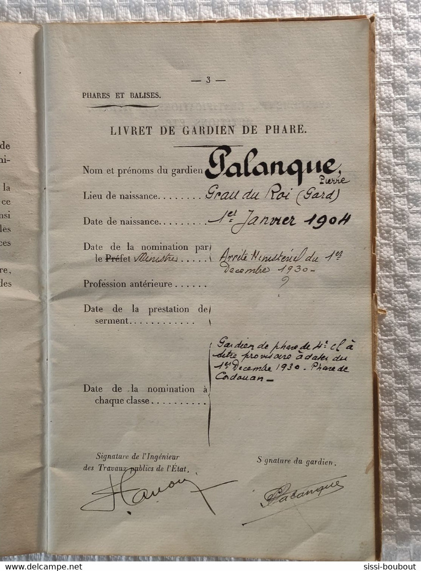 Livret De Gardien De Phare - PHARES & BALISES - Ministère Public - En Date Du 01/12/1930 à CORDOUAN - Unclassified