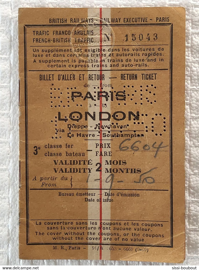 Billet Aller-Retour PARIS-LONDRE - N°15043 Du 01/09/1950 Avec Belle Perforation à Date - British Railways - Europa