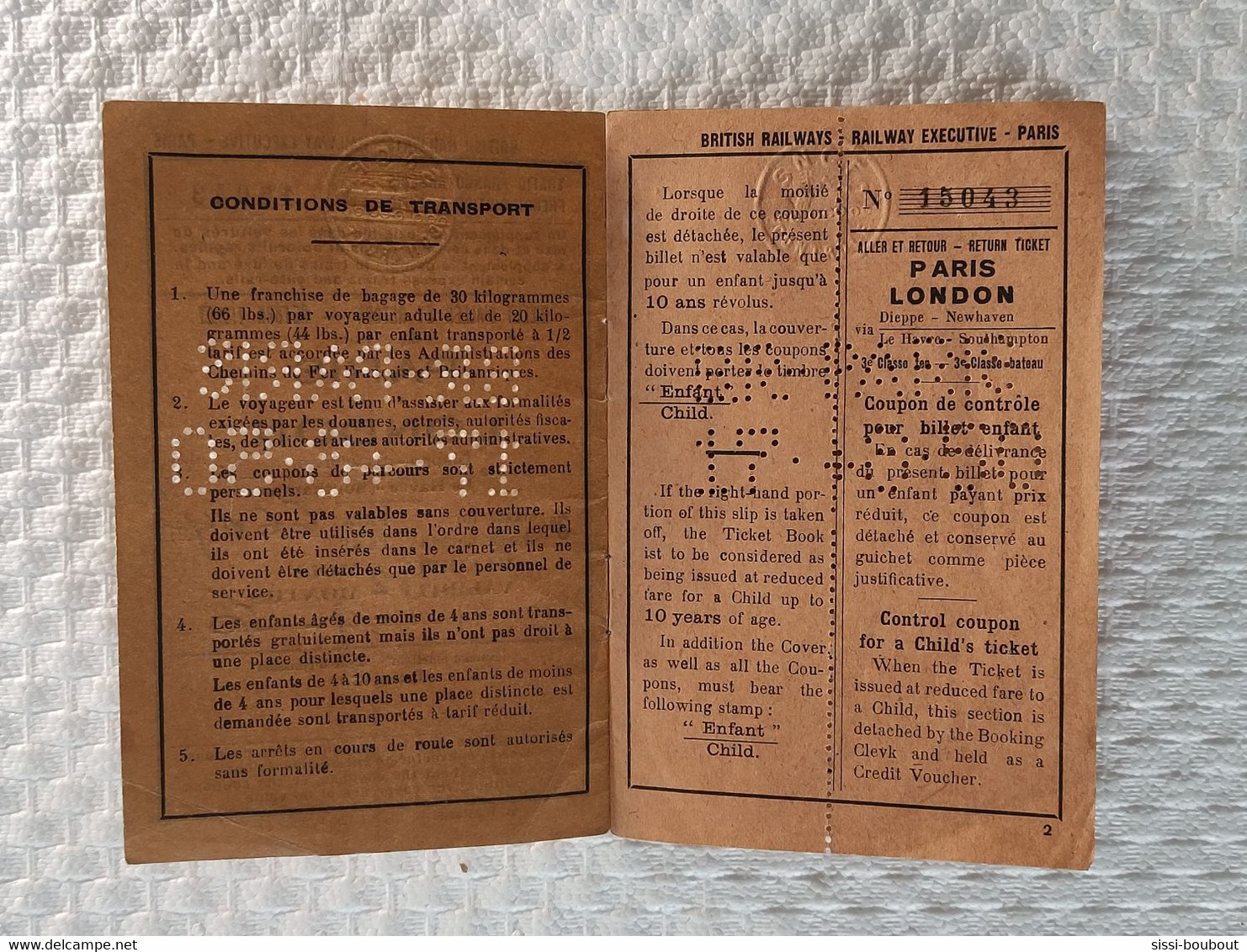 Billet Aller-Retour PARIS-LONDRE - N°15043 Du 01/09/1950 Avec Belle Perforation à Date - British Railways - Europe