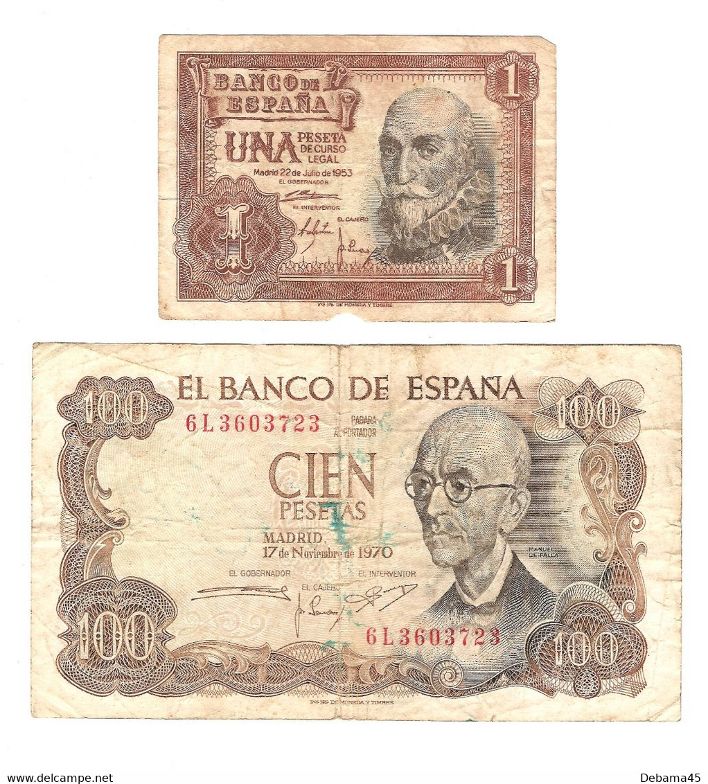 200/ Espagne : 2 Billets : 1 Peseta 1953 - 100 Pesetas 1970 - (écriture Sur Les Deux) - 100 Pesetas