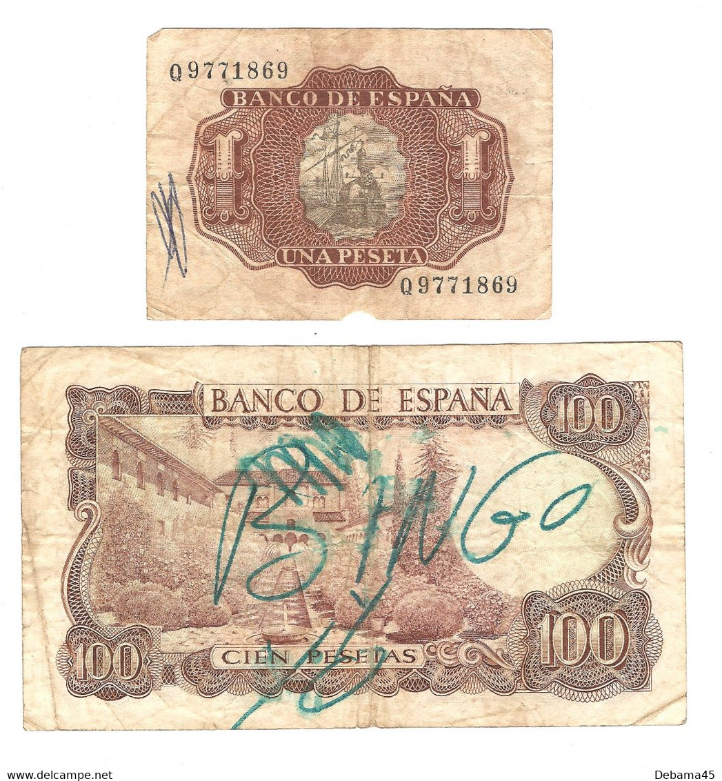 200/ Espagne : 2 Billets : 1 Peseta 1953 - 100 Pesetas 1970 - (écriture Sur Les Deux) - 100 Pesetas
