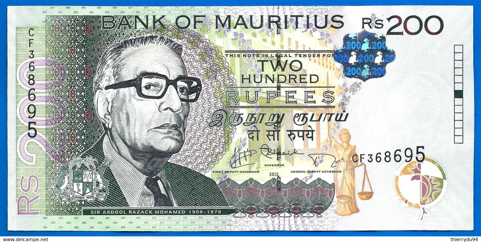 Maurice 200 Rupees 2013 Prefix CF Roupies Mauritius Island Paypal Bitcoin OK - Maurice