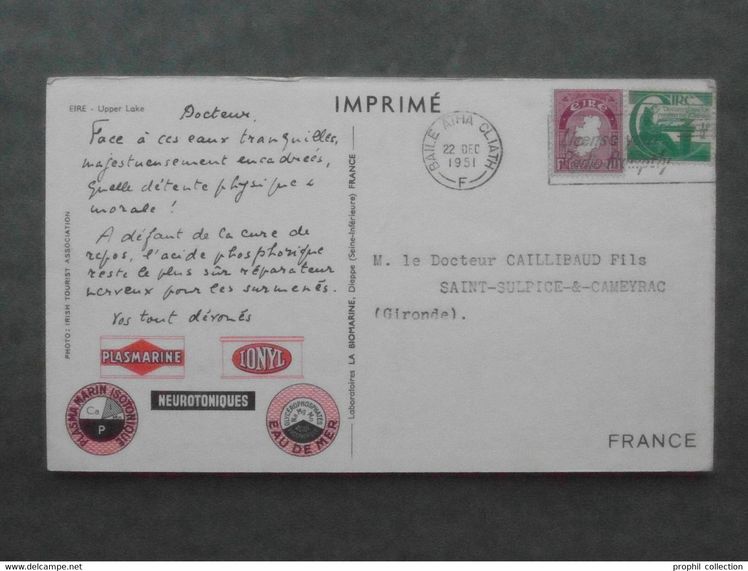 CARTE PUBLICITAIRE EIRE LABORATOIRE PHARMACEUTIQUE PLASMARINE IONYL CACHET Et AFFRANCHISSEMENT 1951 - Storia Postale