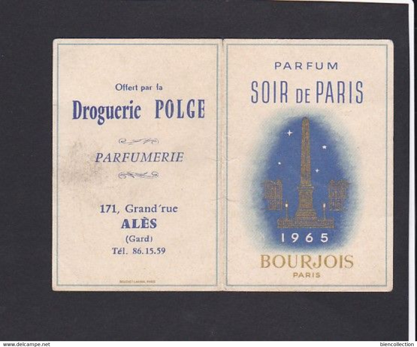 Calendrier 1965 Avec Publicité Parfum Soir De Paris Bourjois, Droguerie Polge à Alès (Gard) ; 9cm X 6cm - Petit Format : 1961-70