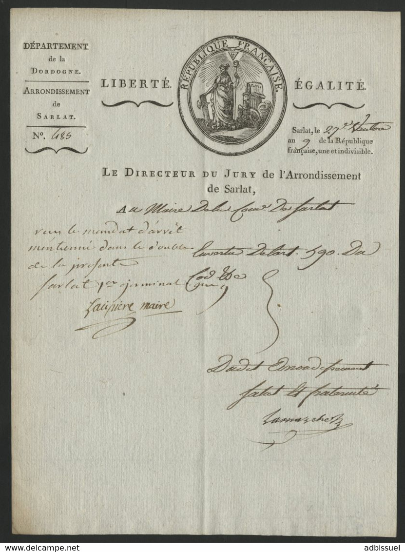 VIGNETTE DU COMMISSAIRE DU GOUVERNEMENT AU TRIBUNAL DE SARLAT EN DORDOGNE En 1801 Sous Le Consulat  (voir Description) - Documents Historiques