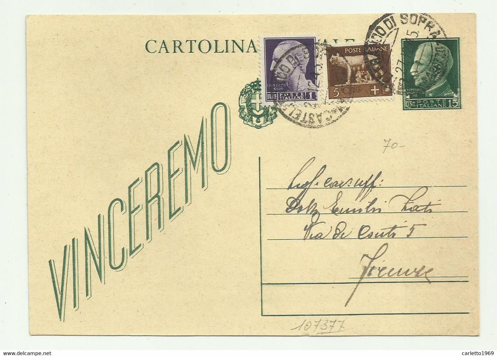 CARTOLINA POSTALE VINCEREMO - CASTELFRANCO DI SOPRA 1945 - AFFRANCATURA MISTA - Marcophilia
