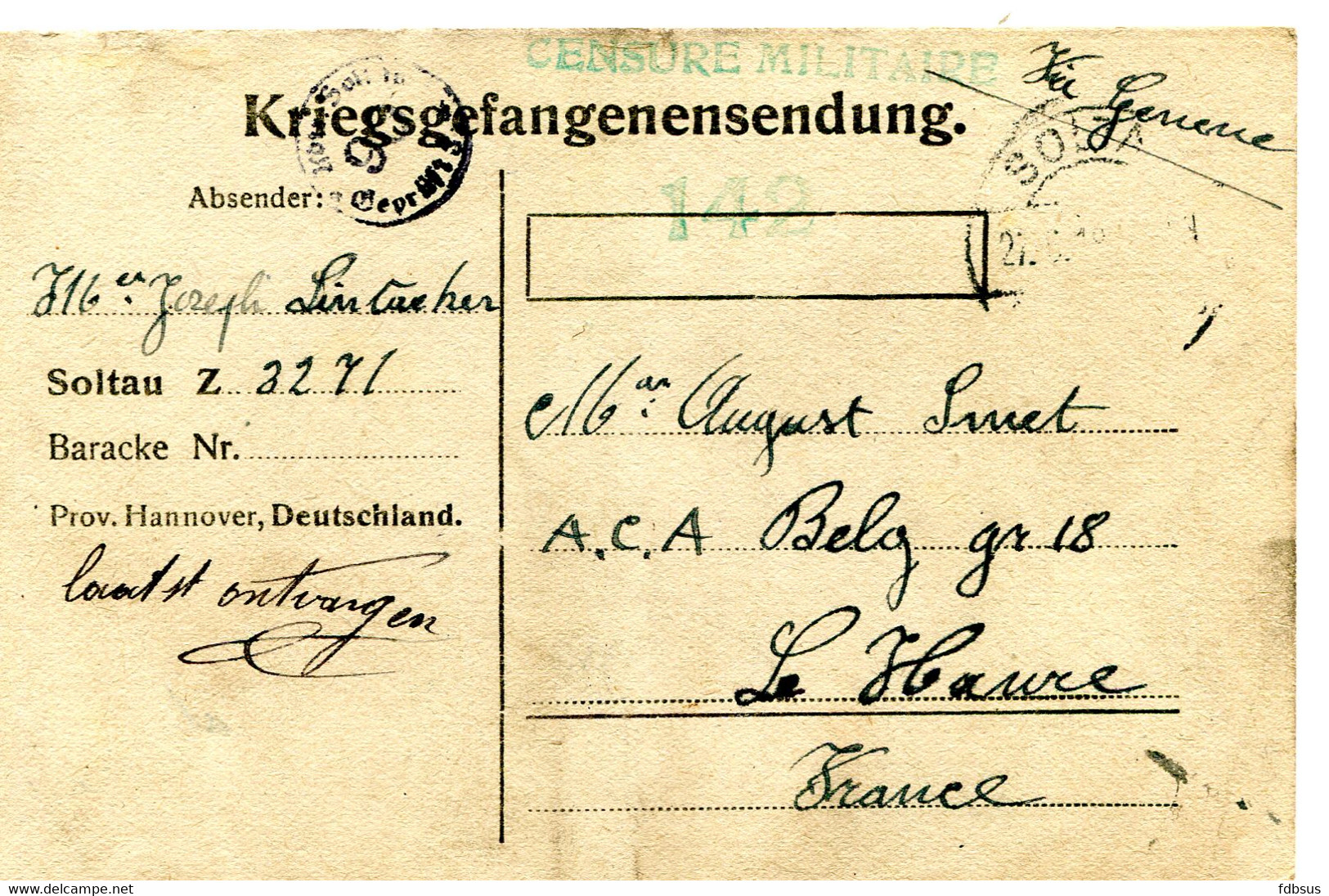 Soltau Kriegsgefangenensendung Kaart Naar Le Havre - Censure Militaire 142 - Via Genève - Oorlog 1914-18