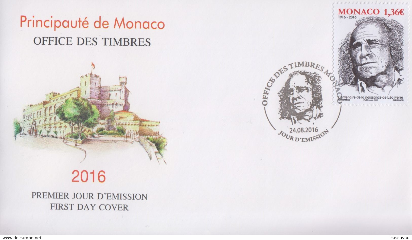 Enveloppe   FDC  1er  Jour   MONACO   Centenaire  De  La  Naissance   De   Léo  Ferré   2016 - Cantantes