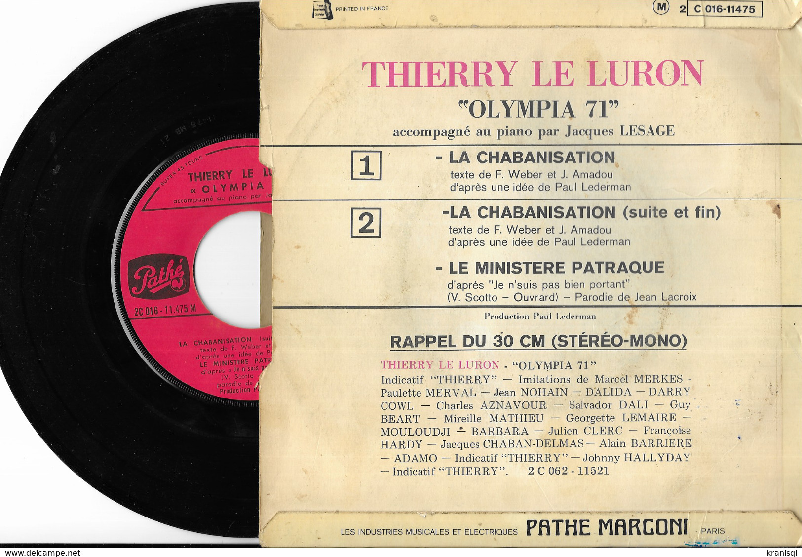 Vinyle 45 T ,Le LURON 1971 - Humor, Cabaret