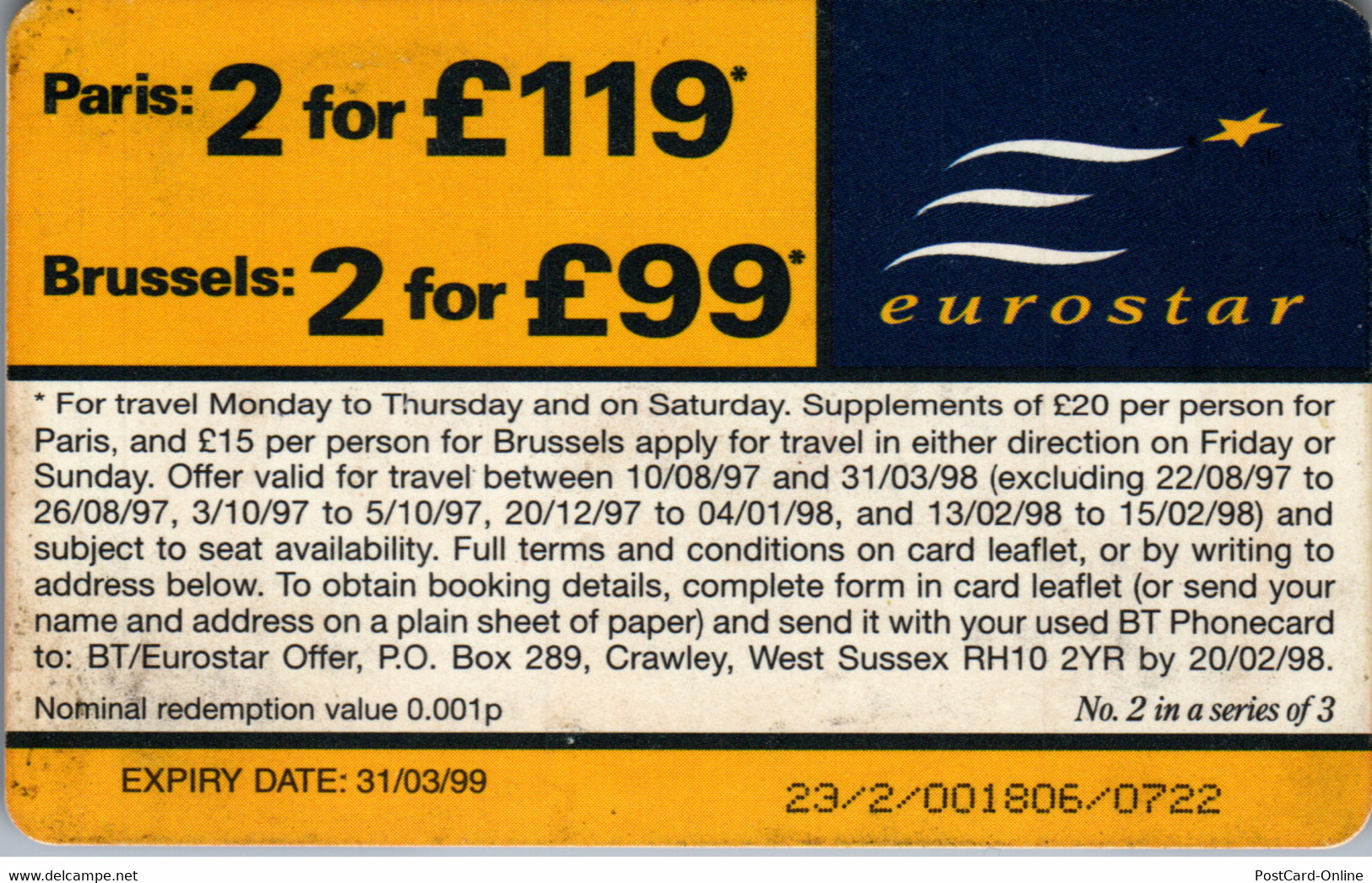 32072 - Großbritannien - BT , Eurostar , Special Edition Phonecard - BT Generales