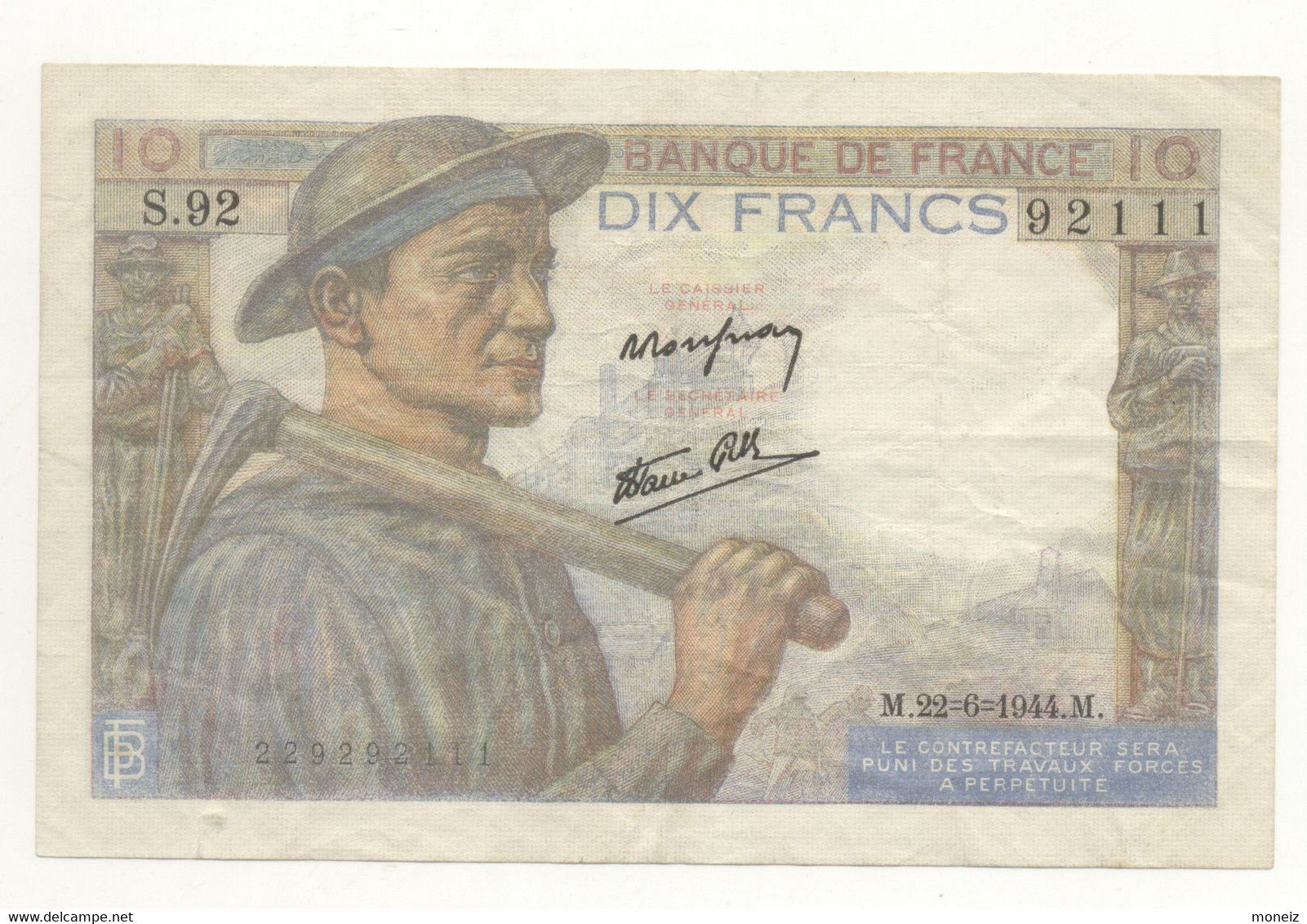 10 FRANCS  MINEUR    22/06/1944 SUP S92 - 10 F 1941-1949 ''Mineur''