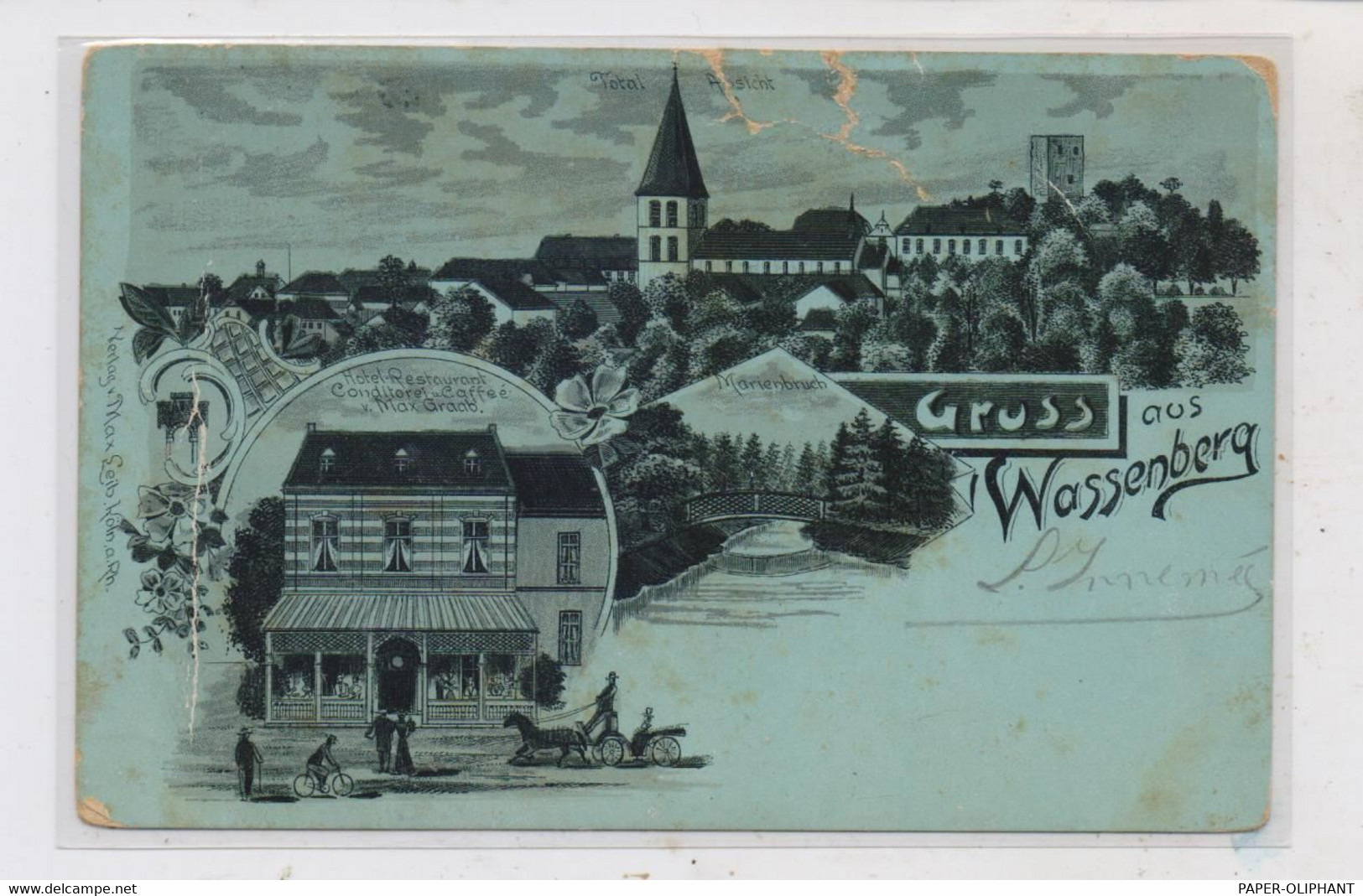 5143 WASSENBERG, Lithographie 1901, Konditorei & Cafe Max Graab, Marienbruch, Ortsansicht, Oberflächenmängel - Heinsberg