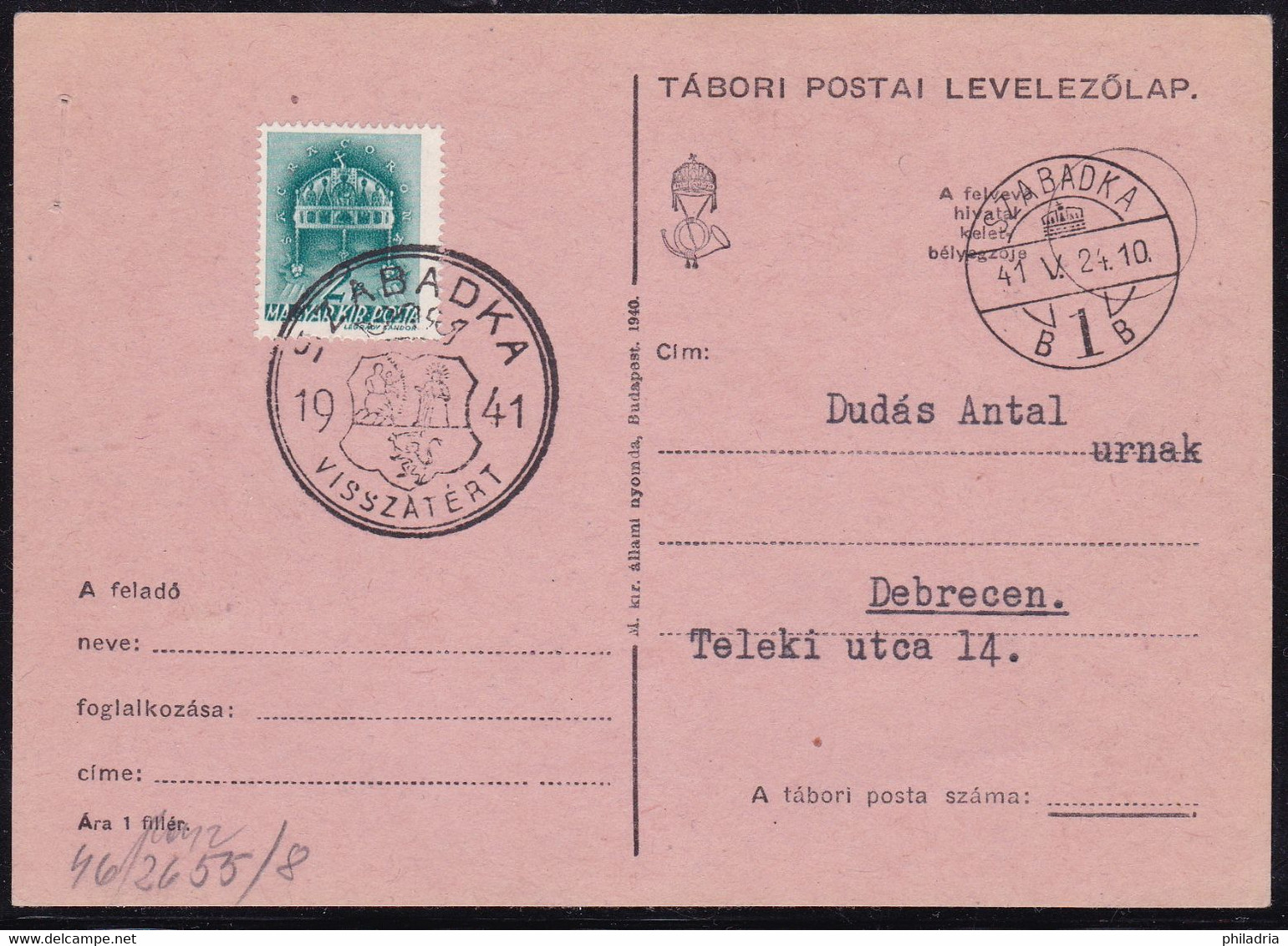 Szabadka (Subotica), Visszatert, 1941, Hungarian Occupation, Postcard - Banat-Bacska