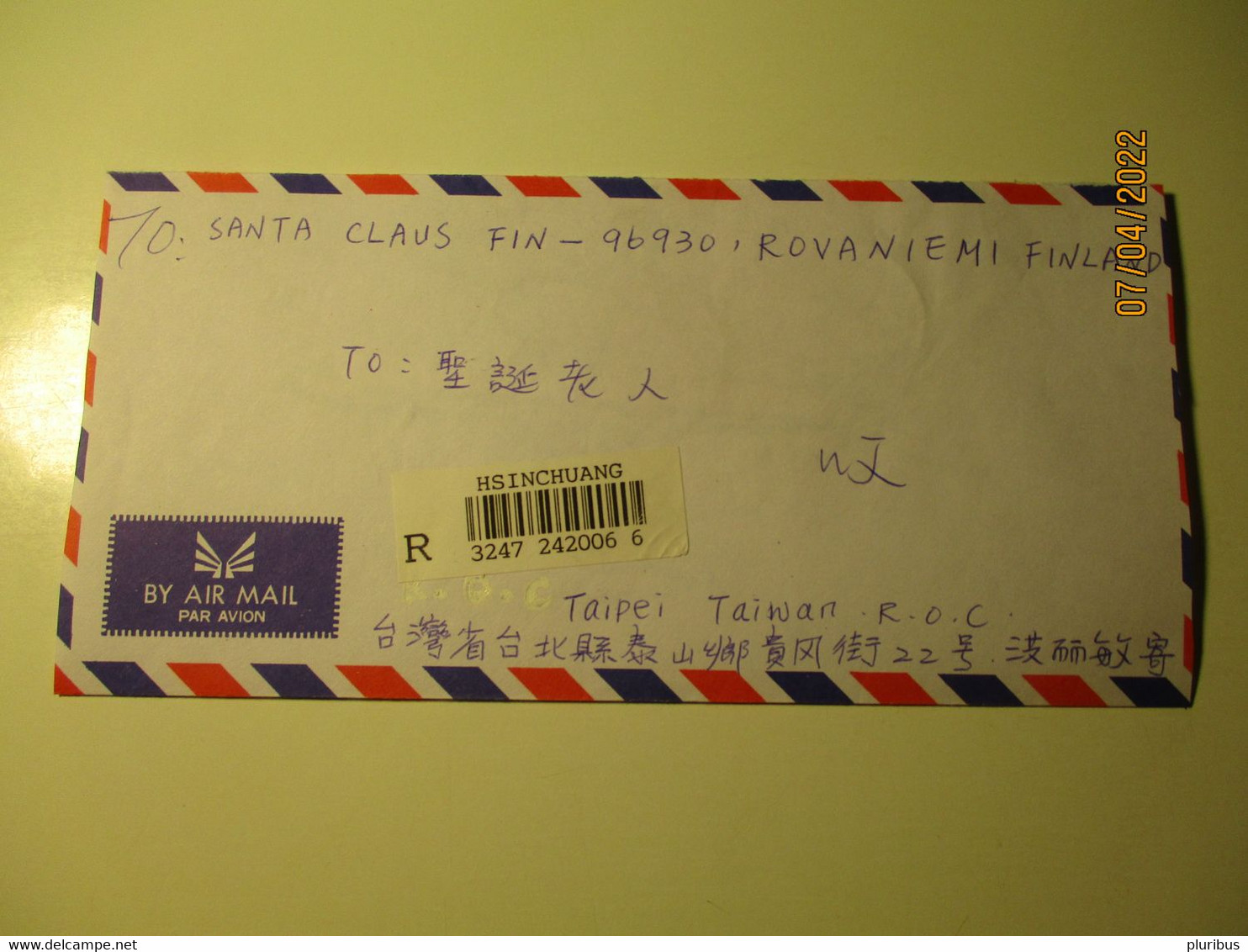 TAIPEI TAIWAN  REGISTERED COVER TO FINLAND SANTA CLAUS     , 4-11 - Cartas & Documentos