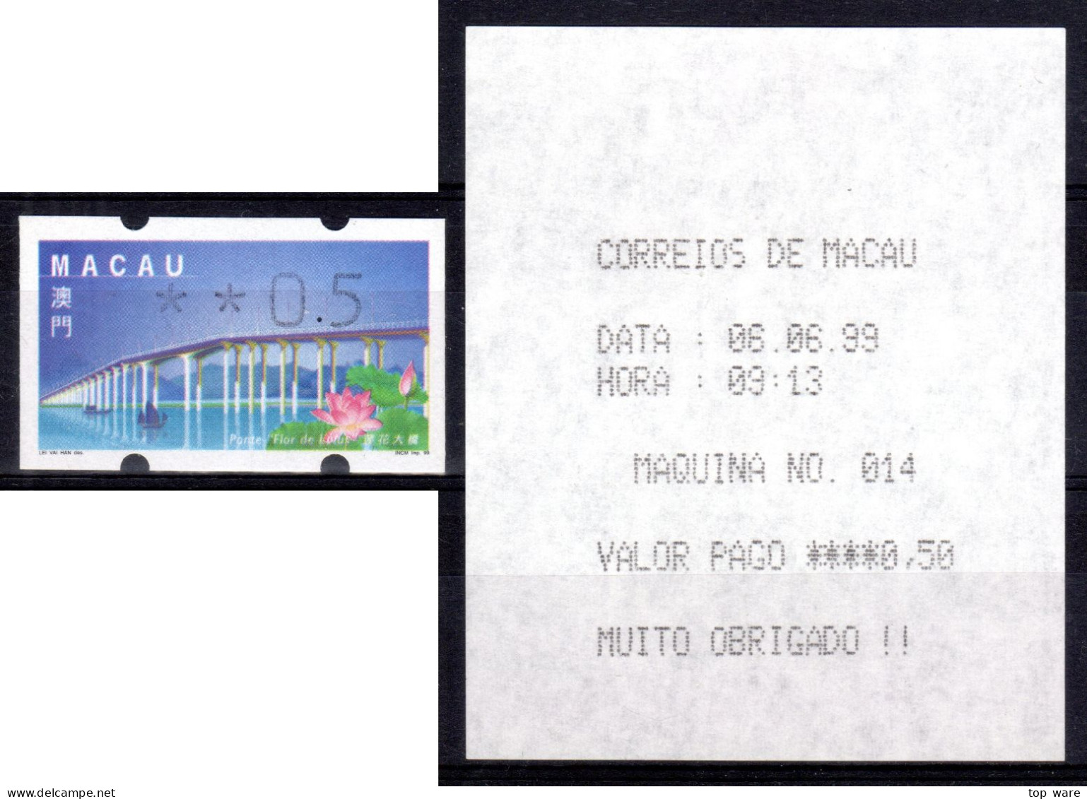 1999 China Macau ATM Stamps Lotus Flower Bridge / 0.5 MNH + Machine Receipt / Klussendorf Nagler Automatenmarken - Automatenmarken