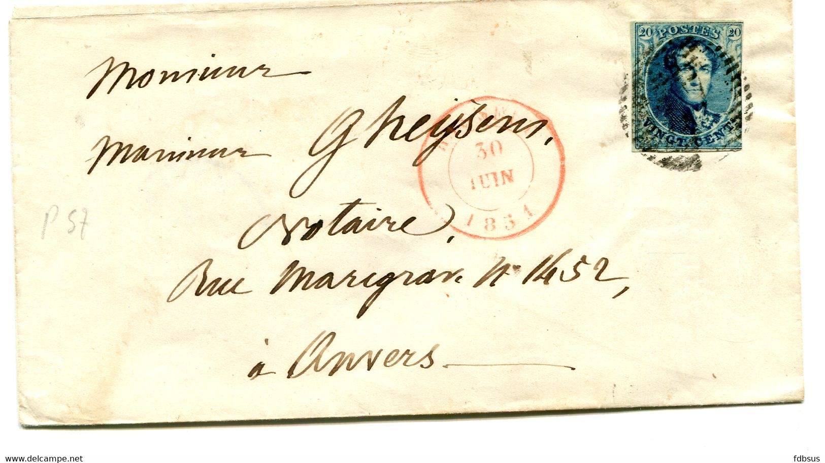 1851 Kleine Enveloppe Hasselt Naar Anvers - Medaillon 20c Lijnstempel Met Nr 57 - 1849-1865 Medaillons (Varia)