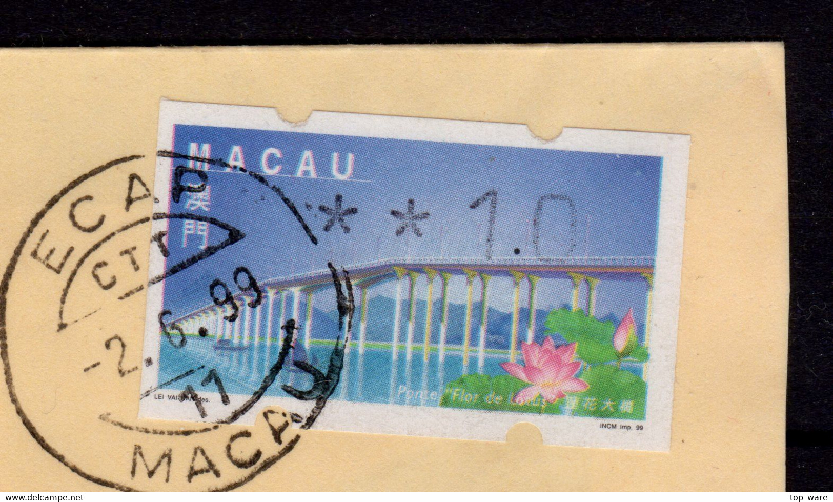 1999 China Macau ATM Stamps Lotus Flower Bridge / FDC 1.0 + Machine Receipt 2.6.99 / Klussendorf Automatenmarken - Automaten