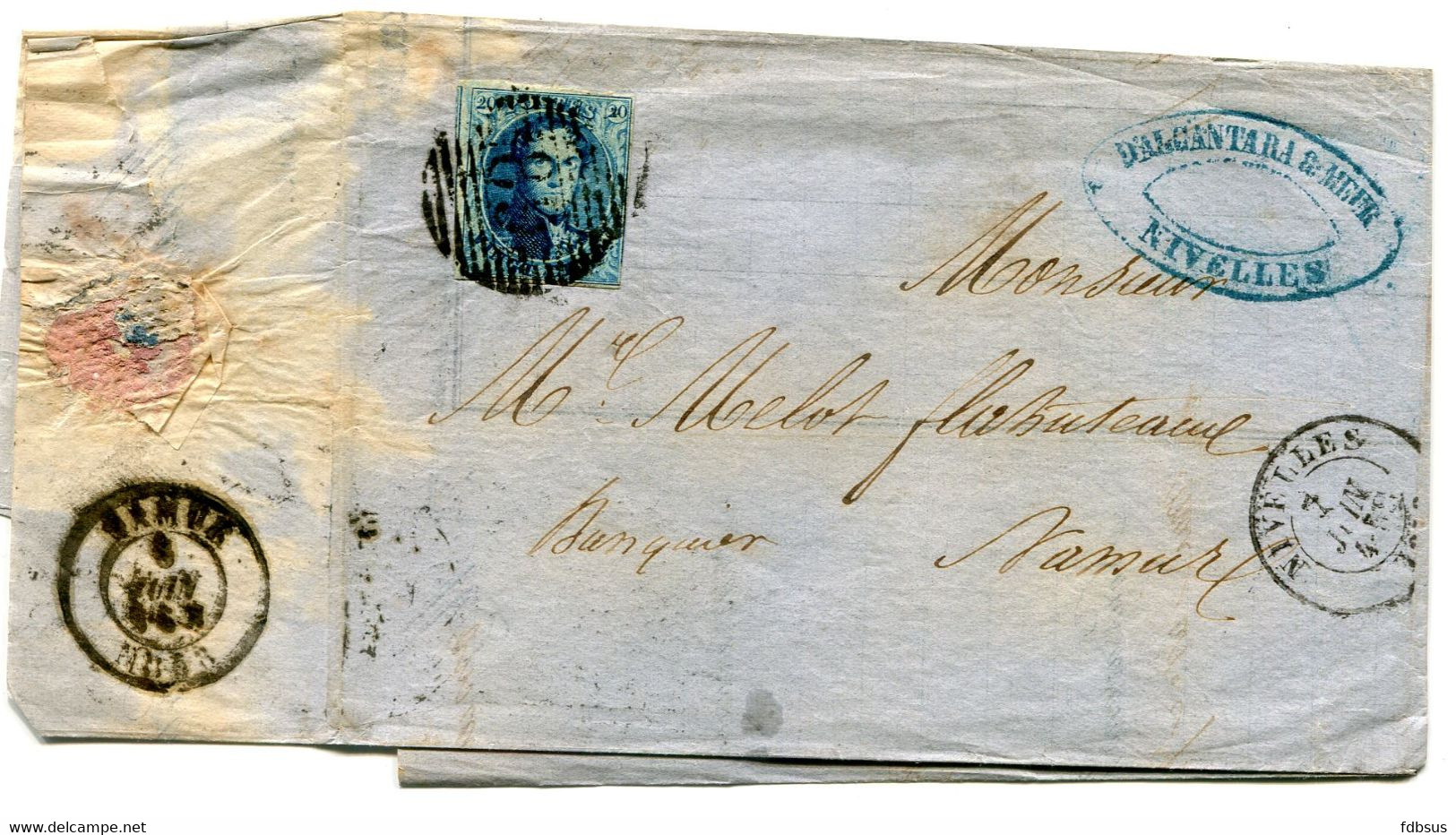 1858 Bordereau Nivelles Naar Namur - Medaillon 20c Lijnstempel Met Nr 89 - Firma Banque D'Alcantara & Meur - 1849-1865 Medaillons (Varia)