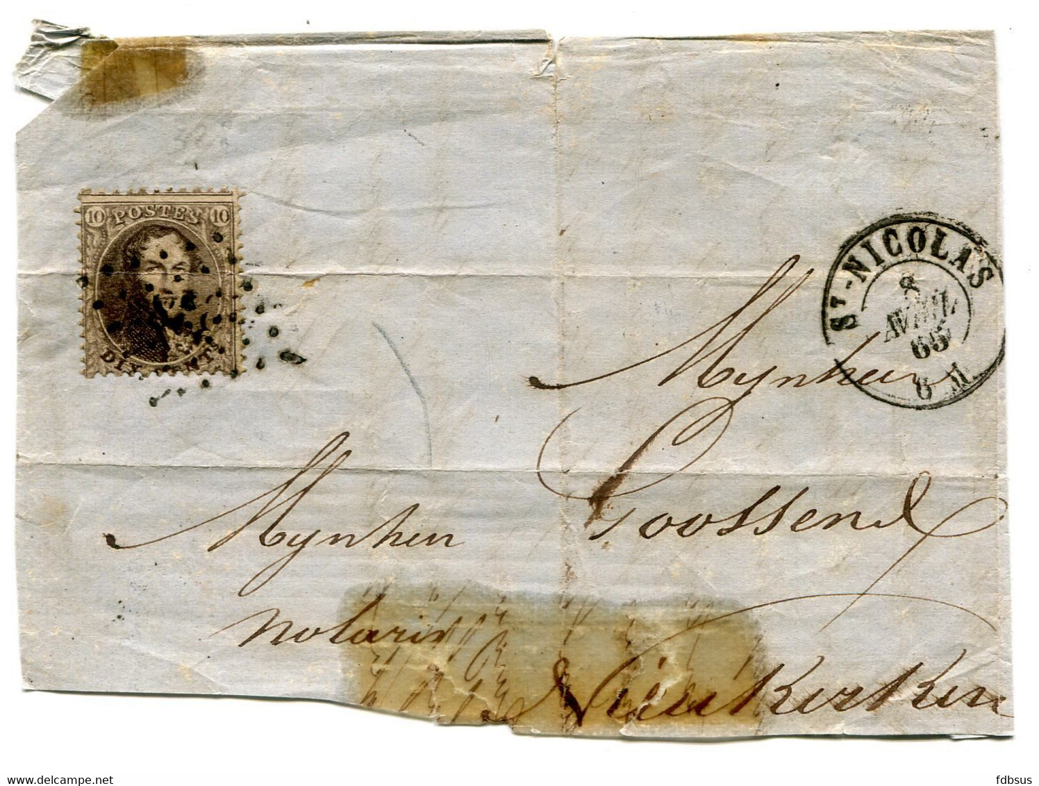 1866 Deel Van Brief Van St. Nicolas Naar Notaris Gossens Nieuwkerke - Getande Medaillon 10c - Met Puntstempel - 1849-1865 Medaillons (Varia)