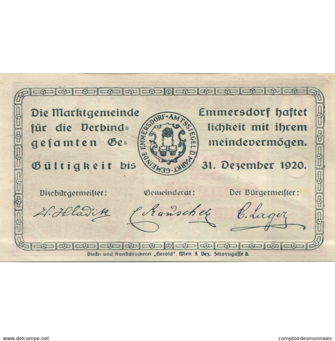 Billet, Autriche, Emmersdorf, 10 Heller, Rue 1920-12-31, SPL, Mehl:FS 171a - Austria