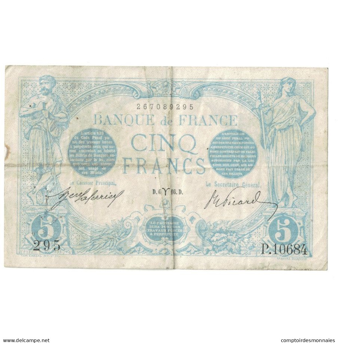 France, 5 Francs, Bleu, 1916, P.106, TB+, Fayette:2.37, KM:70 - 5 F 1912-1917 ''Bleu''