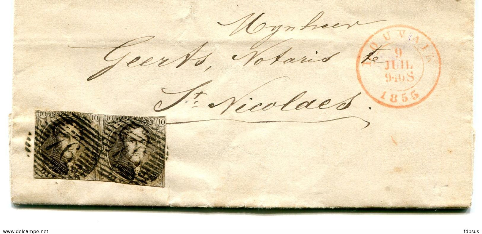1855 Kleine Brief Van Leuven Naar Notaris Geerts St Nicolas -  Medaillon 2 X 10c In Paar - Lijnstempel 75 - 1849-1865 Medaillons (Varia)