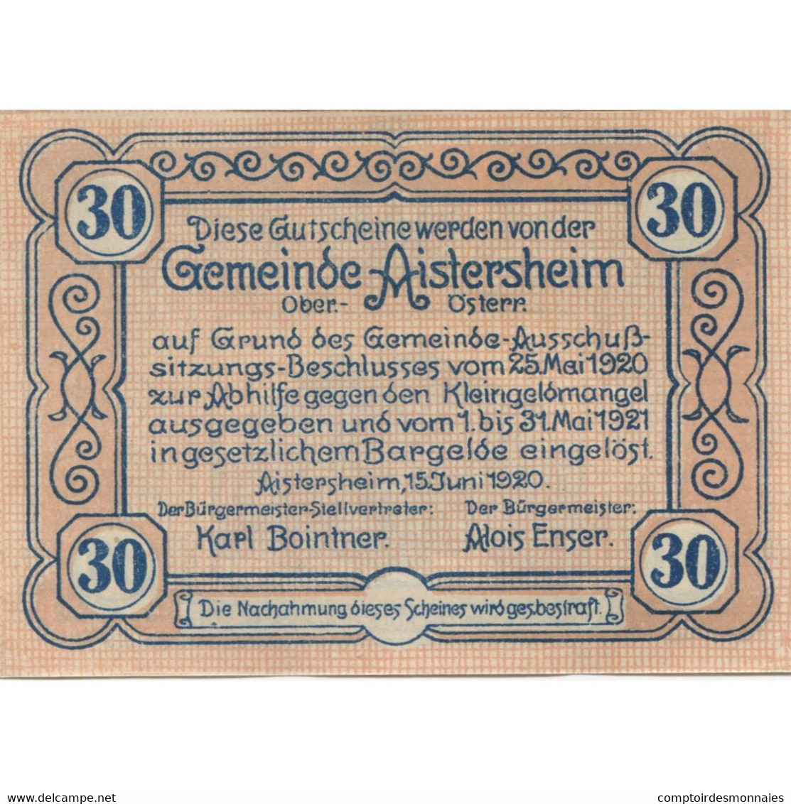 Billet, Autriche, Aistersheim, 30 Heller, Mairie 1921-05-31, SPL, Mehl:FS 15b - Austria