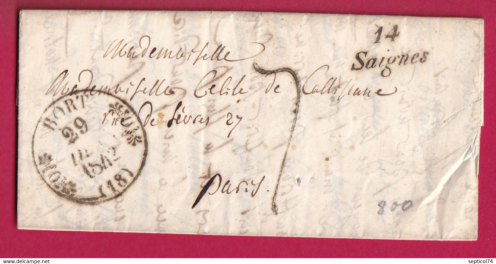 CURSIVE 14 SAIGNES CANTAL + CAD TYPE 11 BORT CORREZE POUR PARIS LETTRE COVER FRANCE - 1801-1848: Précurseurs XIX