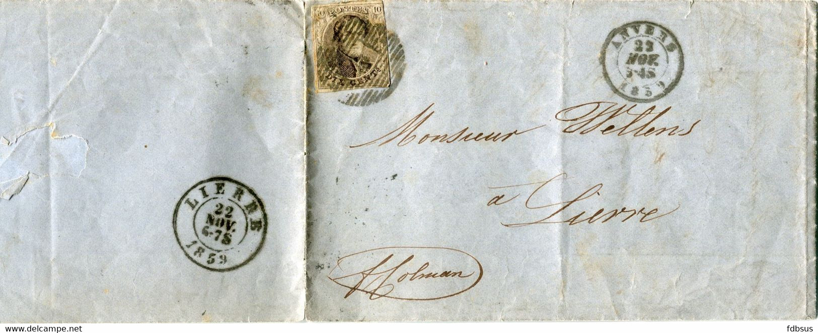 1859 Kleine Brief Van Anvers Naar Lierre - Medaillon 10c - 1849-1865 Medallones (Otros)