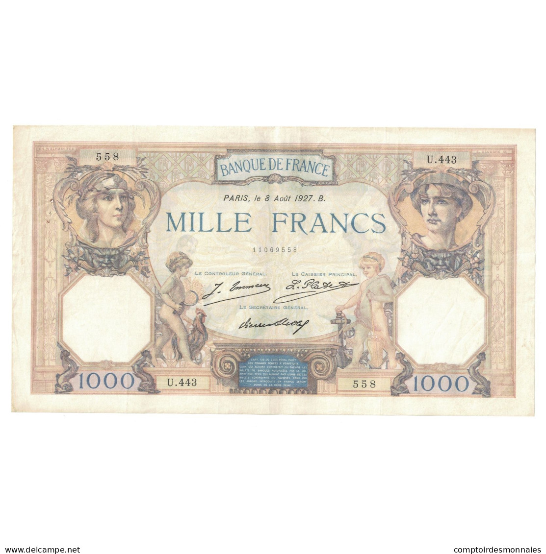 France, 1000 Francs, Cérès Et Mercure, 1927, U.443, TTB, Fayette:37.1, KM:79a - 1 000 F 1927-1940 ''Cérès Et Mercure''