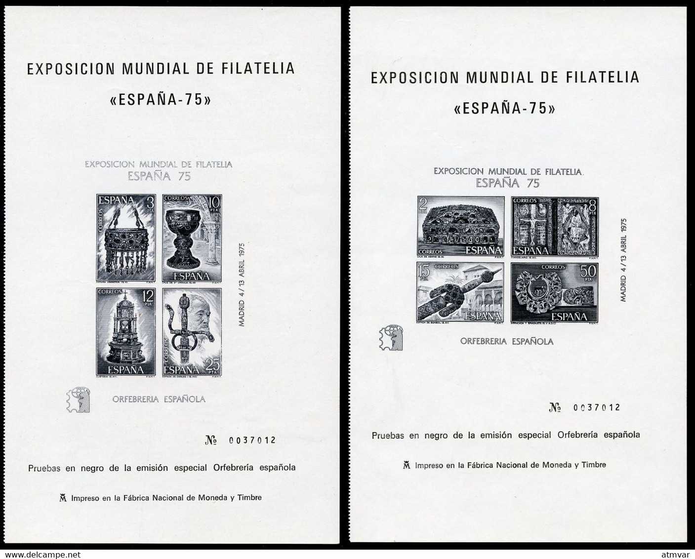 ESPAÑA / SPAIN / ESPAGNE (1975) - ESPAÑA 75 Exposicion Mundial Filatelia Orfebreria - Pruebas En Negro, Goldsmithing - Blocs & Hojas