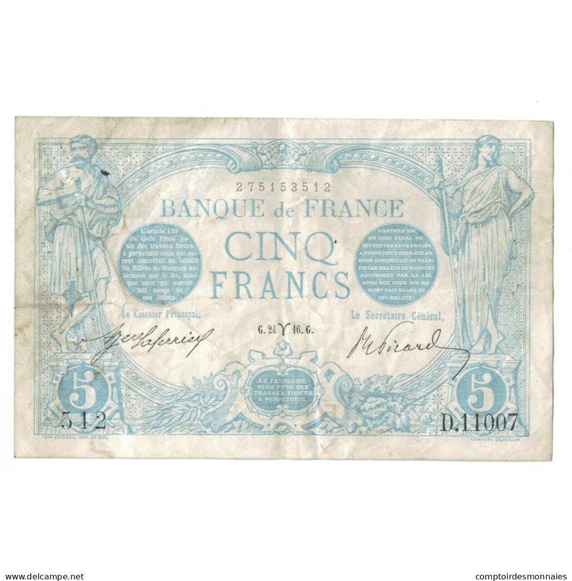 France, 5 Francs, Bleu, 1916, D.110, TTB, Fayette:2.37, KM:70 - 5 F 1912-1917 ''Bleu''