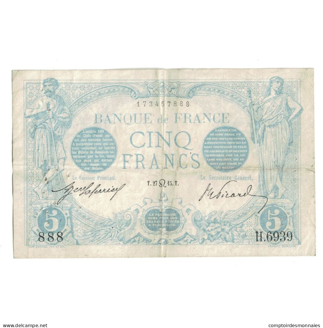 France, 5 Francs, Bleu, 1915, H.693, TB+, Fayette:2.29, KM:70 - 5 F 1912-1917 ''Bleu''